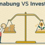 Ilustrasi perbandingan antara menabung dan investasi dengan gambar timbangan sebagai simbol keseimbangan strategi keuangan.