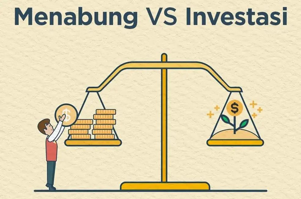 Ilustrasi perbandingan antara menabung dan investasi dengan gambar timbangan sebagai simbol keseimbangan strategi keuangan.