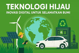 Ilustrasi automasi dan teknologi hijau dengan kendaraan listrik dan inovasi ramah lingkungan di era digital