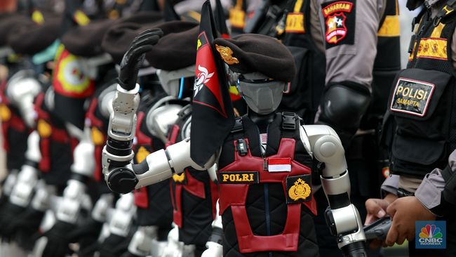 Ilustrasi robot polisi di Indonesia sebagai teknologi keamanan modern yang dipamerkan saat HUT Polri