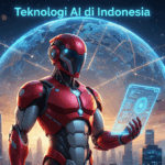 Ilustrasi perkembangan teknologi AI di Indonesia yang menggambarkan kemajuan kecerdasan buatan dalam bisnis, pendidikan, dan kesehatan.