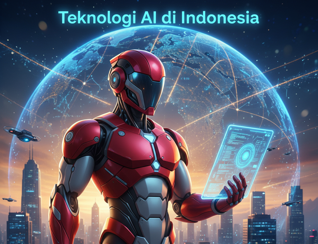 Ilustrasi perkembangan teknologi AI di Indonesia yang menggambarkan kemajuan kecerdasan buatan dalam bisnis, pendidikan, dan kesehatan.