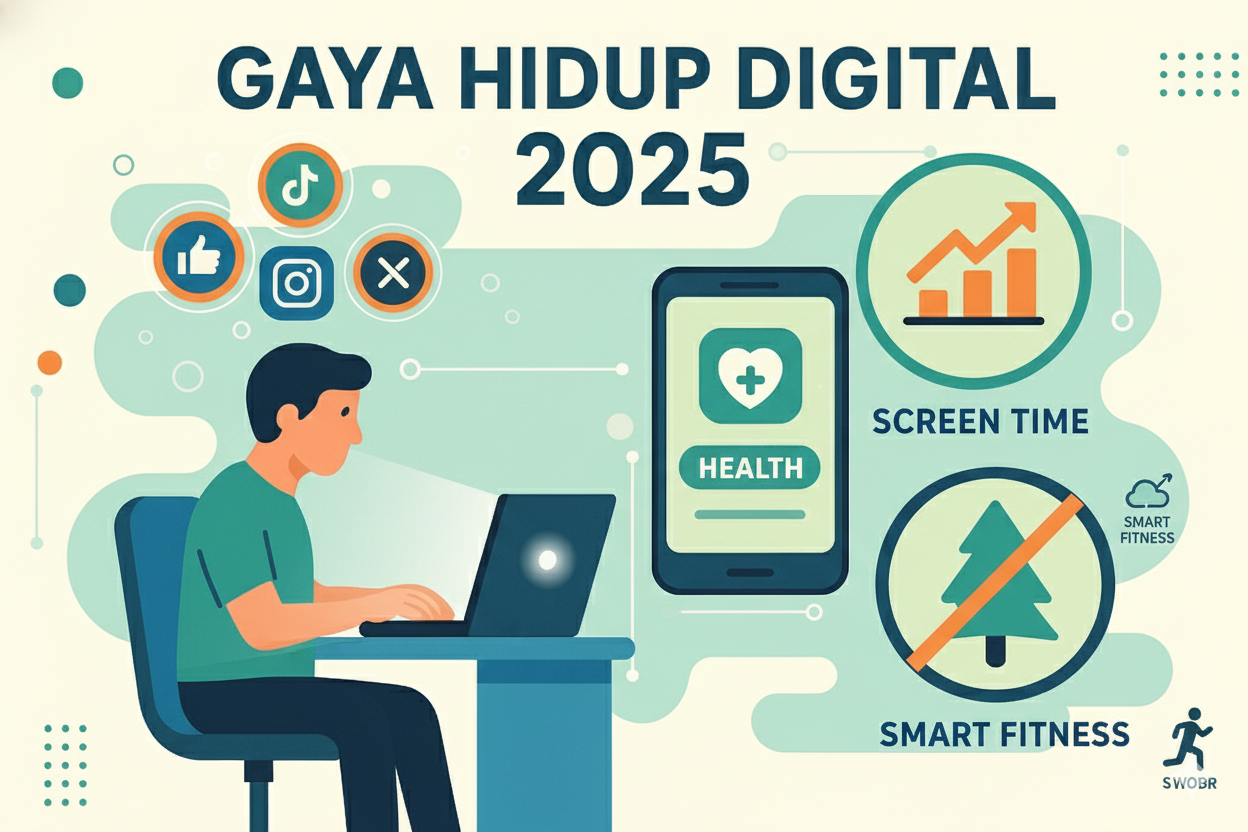 Gambar ilustrasi bertema Gaya Hidup Digital 2025 yang menampilkan seseorang bekerja di rumah pintar dengan gadget modern, layar holografik, dan teknologi AI canggih.