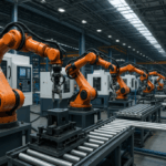 Robot industri di pabrik Indonesia yang menggambarkan revolusi otomasi dan penerapan teknologi canggih dalam proses produksi modern.