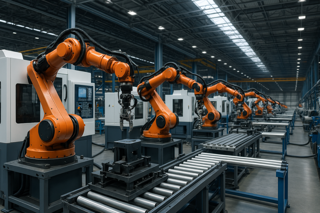 Robot industri di pabrik Indonesia yang menggambarkan revolusi otomasi dan penerapan teknologi canggih dalam proses produksi modern.