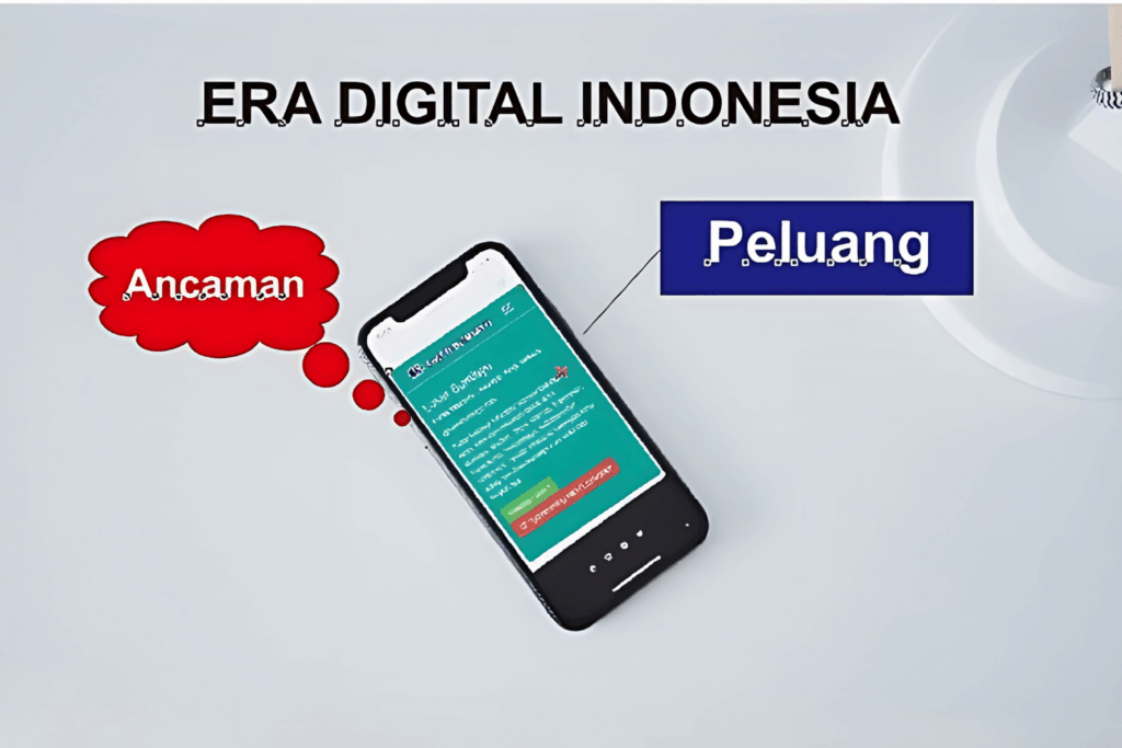 Ilustrasi era digital Indonesia 2025 menampilkan smartphone dan koneksi internet yang menggambarkan kemajuan teknologi dan gaya hidup modern masyarakat.