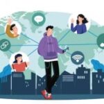 Ilustrasi gaya hidup digital di Indonesia yang menampilkan penggunaan gadget pintar dan teknologi dalam aktivitas sehari-hari.