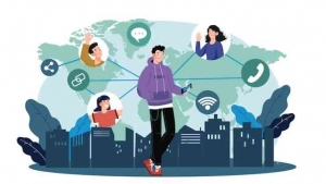 Ilustrasi gaya hidup digital di Indonesia yang menampilkan penggunaan gadget pintar dan teknologi dalam aktivitas sehari-hari.