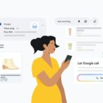 Ilustrasi fitur belanja Google dengan tampilan rekomendasi produk dan checkout otomatis
