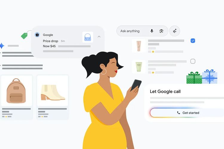 Ilustrasi fitur belanja Google dengan tampilan rekomendasi produk dan checkout otomatis